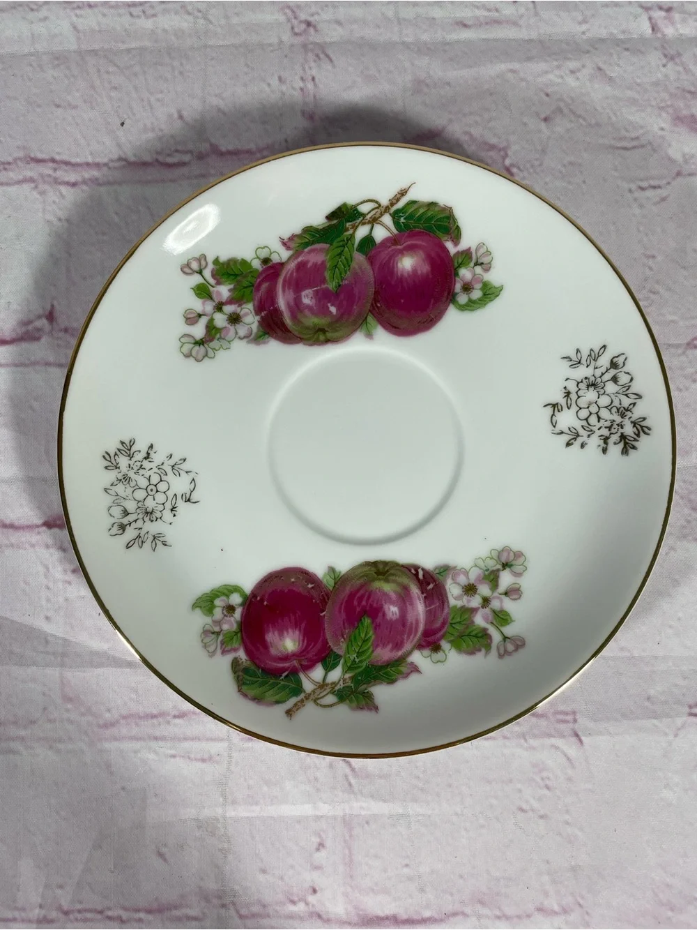 Vintage Plum and Floral Iridescent Footed Teacup and Saucer Set Gold Trim Japan